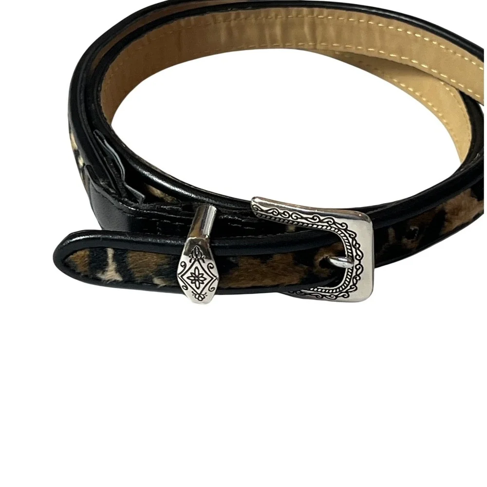Brighton Womens Leopard Print Calf‎ Hair Leather Skinny Belt Silver Buckle M 30